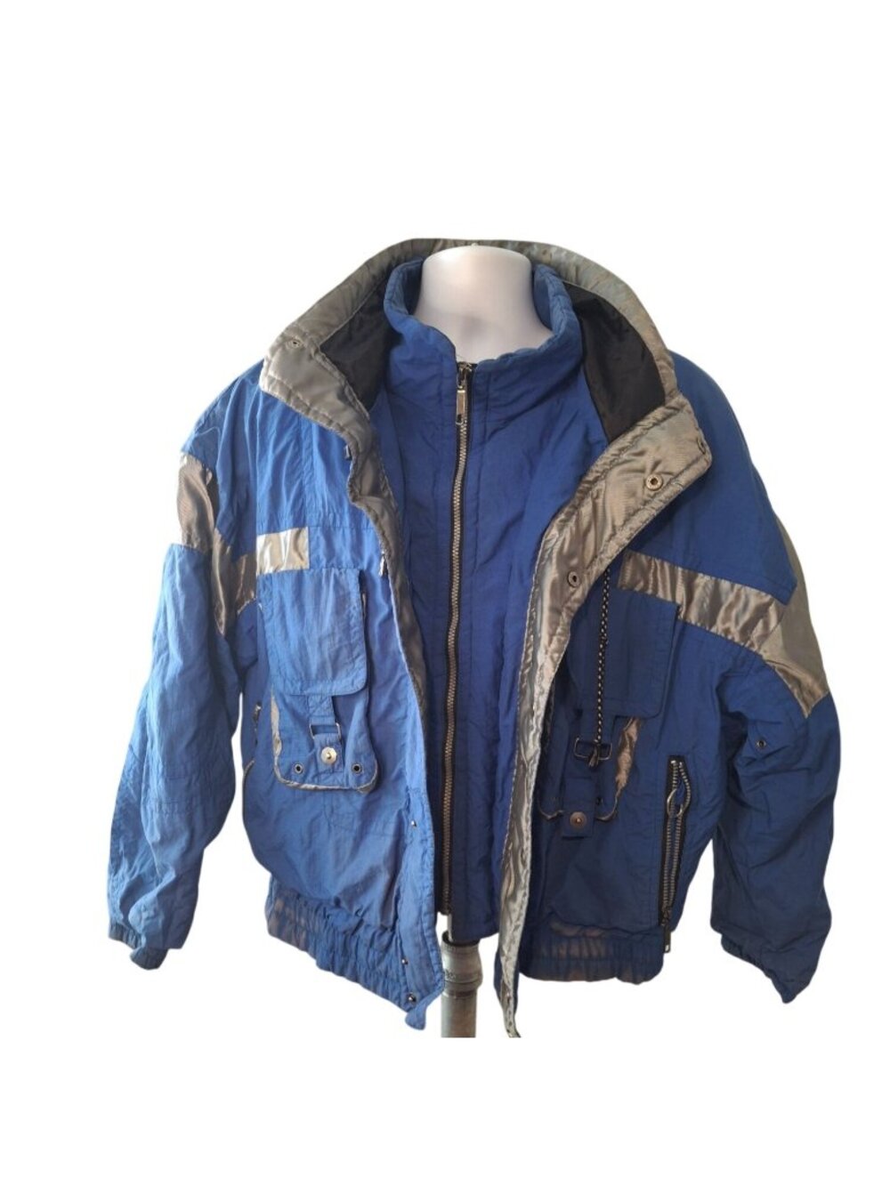 New Order Ski XL Blue Silver Puffer Jacket Retro 90s Colorblock Gorpcore